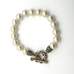 Heidi Daus White Knotted Faux Pearls and Crystal Toggle Bracelet